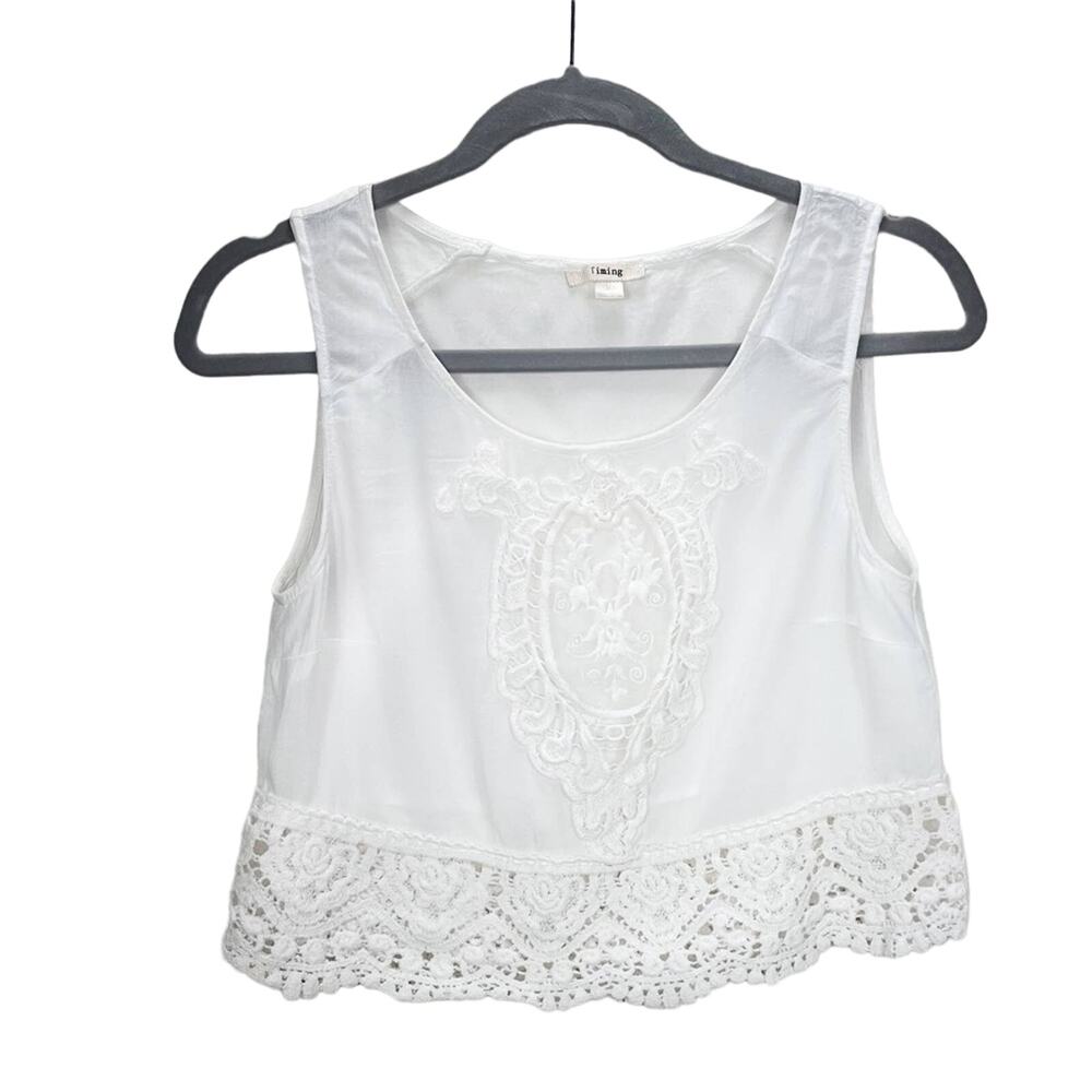 Timing Embroidered Women's Crop Top Lace Hem Sleeveless Shirt White‎ M.